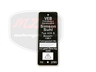 SIMSON 250 NAMEPLATE /425S/SLIM