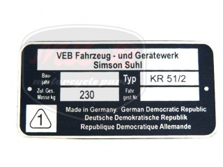 SIMSON SCHWALBE NAMEPLATE /KR51/2/