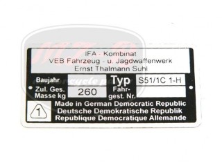 SIMSON 51 NAMEPLATE /S51/1C1-H/